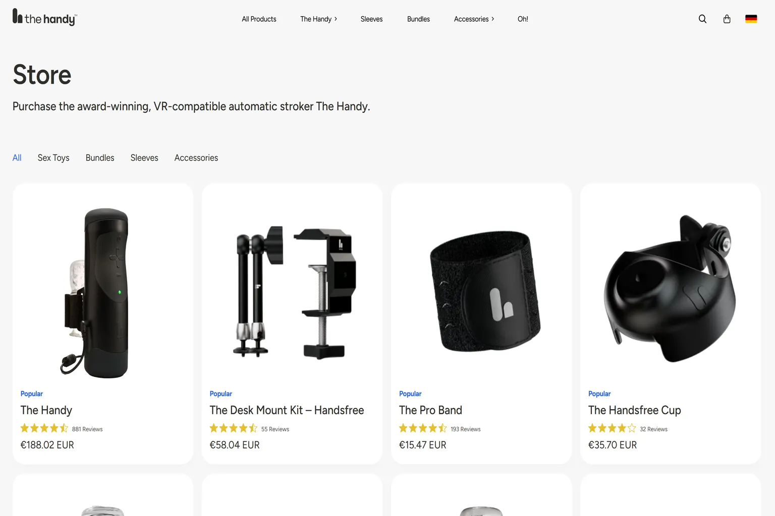 The Handy Store-Seite mit Produktübersicht, zeigt Geräte und Zubehör sowie Banner mit Aktionen und zeitlich begrenzten Rabattcodes