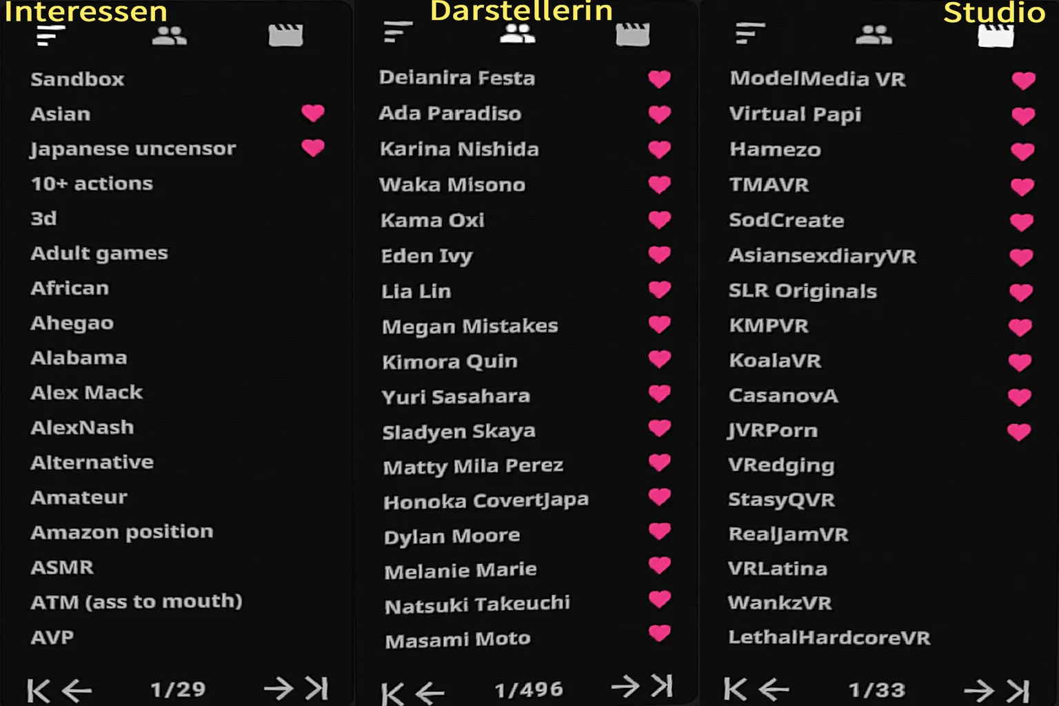 SLR-Übersicht der Video-Tags mit Kategorien wie Darstellerinnen, Studios und der Favoritenfunktion.