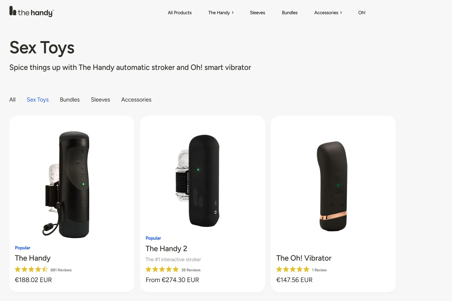 The Handy Produktseite mit Kategorie Sex Toys, zeigt automatische Geräte und Vibrator mit Preisen und Bewertungen
