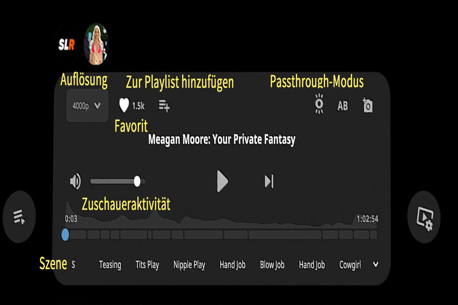 SLR-Videoplayer mit Wiedergabefortschritt, Szenen-Tags und verschiedenen Steuerungsbuttons.
