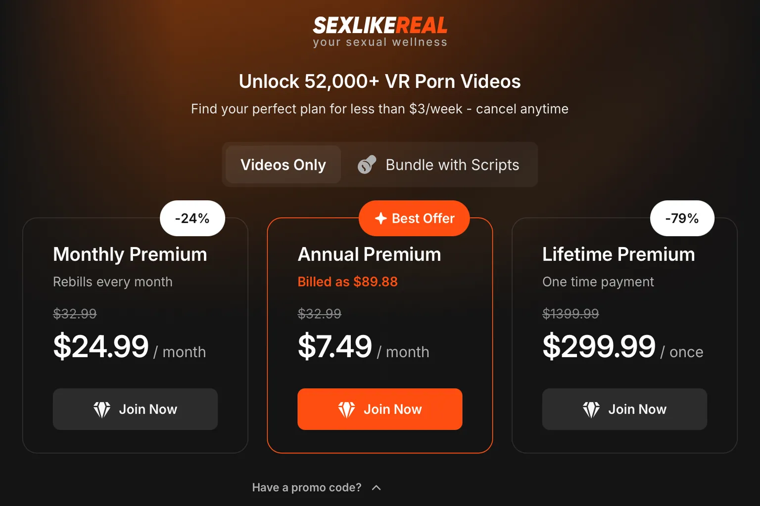 SexLikeReal Videos Only-Preisübersicht mit angewendetem Rabattcode. Monats-, Jahres- und Lifetime-Pläne sind reduziert, der Jahresplan wird als bestes Angebot angezeigt.