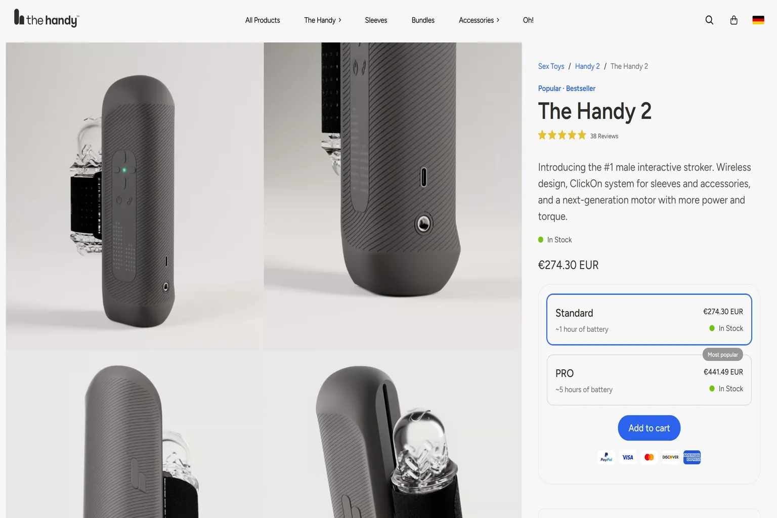 The Handy 2 Produktseite mit Standard- und Pro-Version, zeigt Preise, Akkulaufzeit und Rabattanzeige