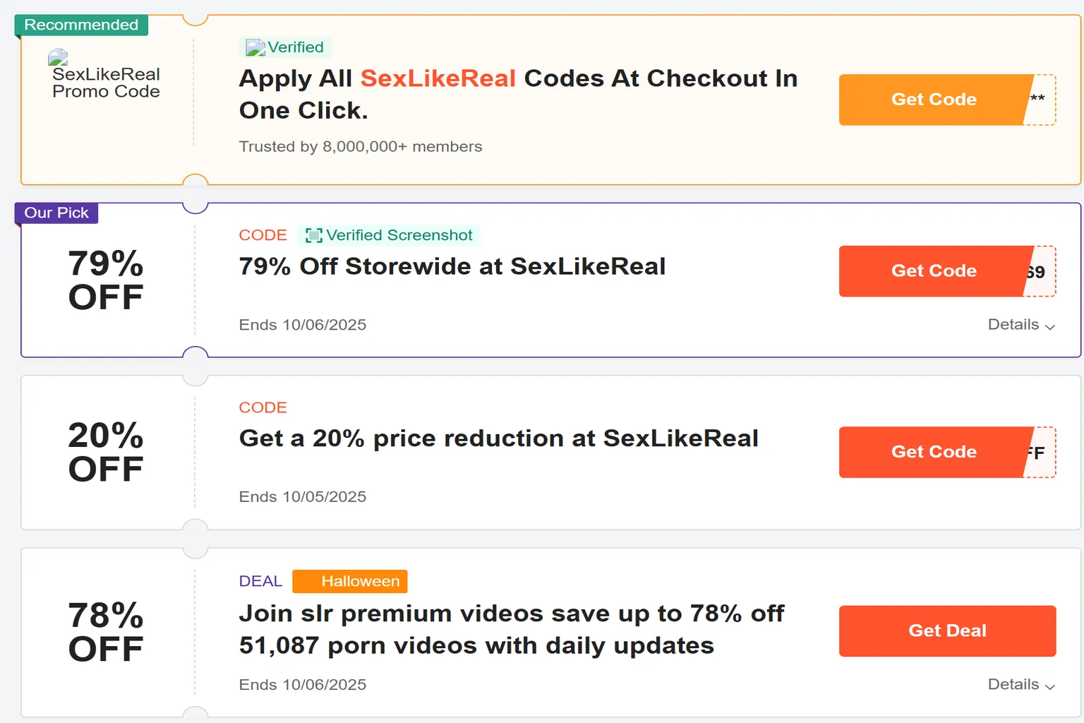 Gefälschte SexLikeReal-Promo-Code-Seite, die nur Klicks erzeugen soll und keinen echten Rabatt bietet.