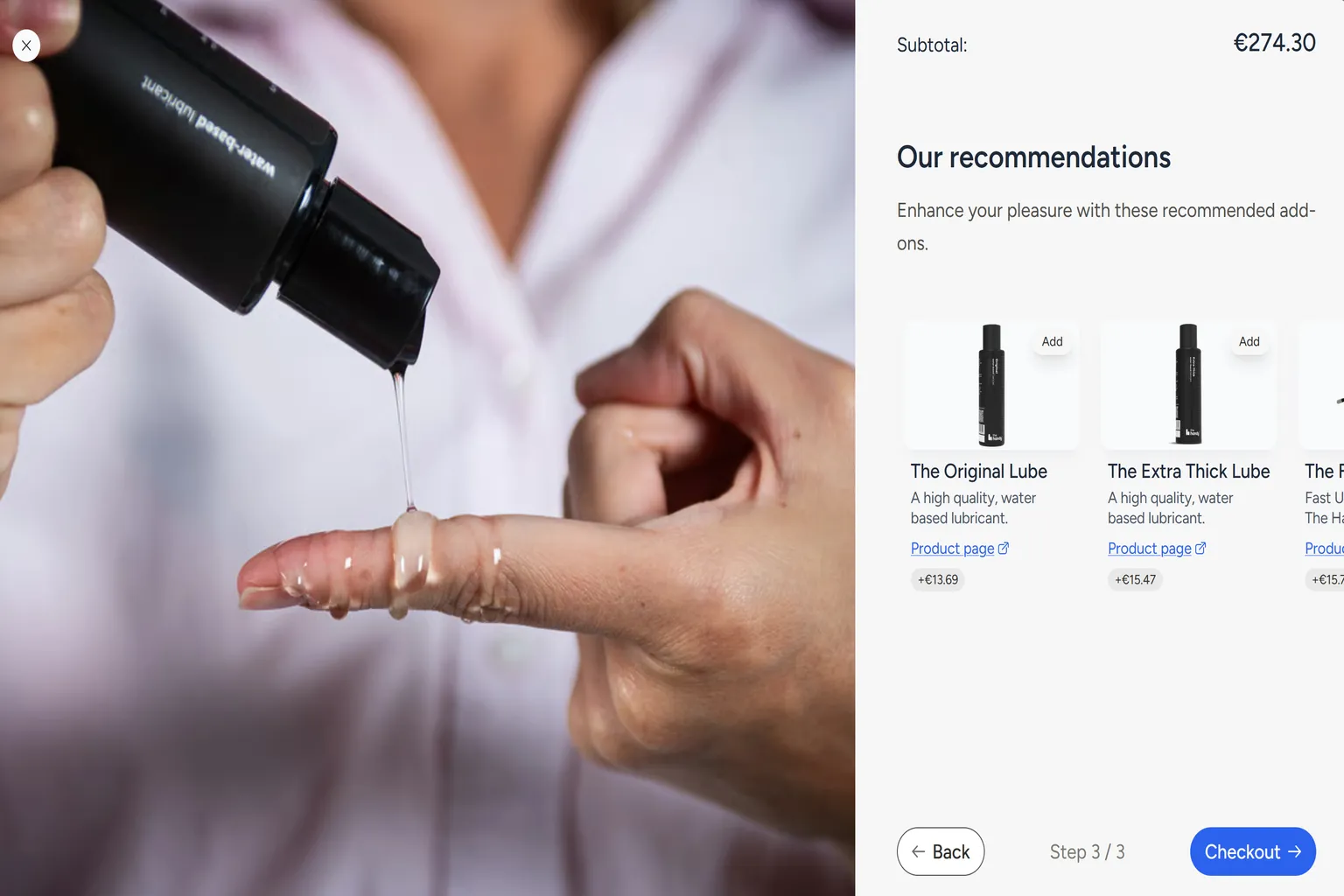 Empfohlene Zubehörseite für The Handy, zeigt Gleitmittel und Zusatzprodukte mit Preisoptionen