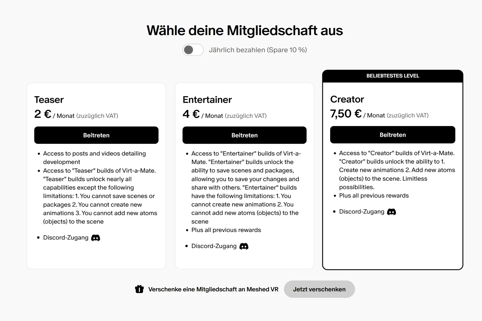 Wenn du über Patreon abonnieren willst, öffne die Patreon-Seite und wähle einen Plan wie Teaser, Entertainer oder Creator.