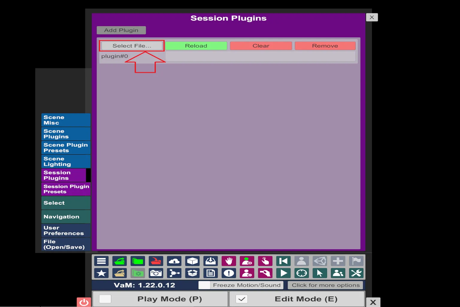 Das ist das Panel Session Plugins. Hier findest du den Button Select File, mit dem du Plugin-Dateien laden kannst.