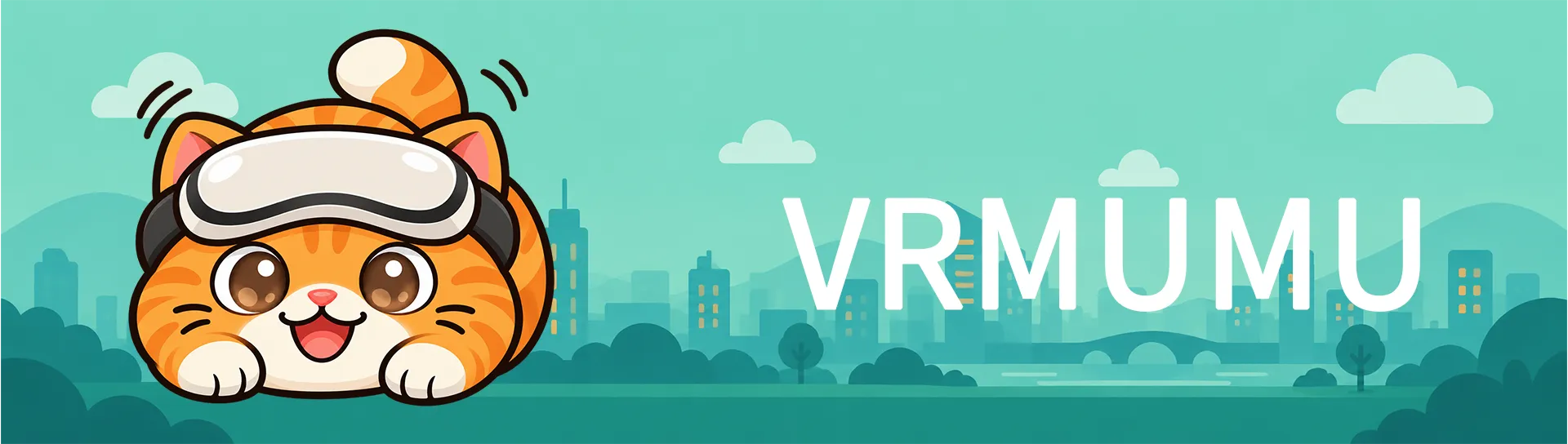 VRMUMU-Banner mit einer orangefarbenen Katze mit VR-Headset vor einer türkisfarbenen Stadtlandschaft