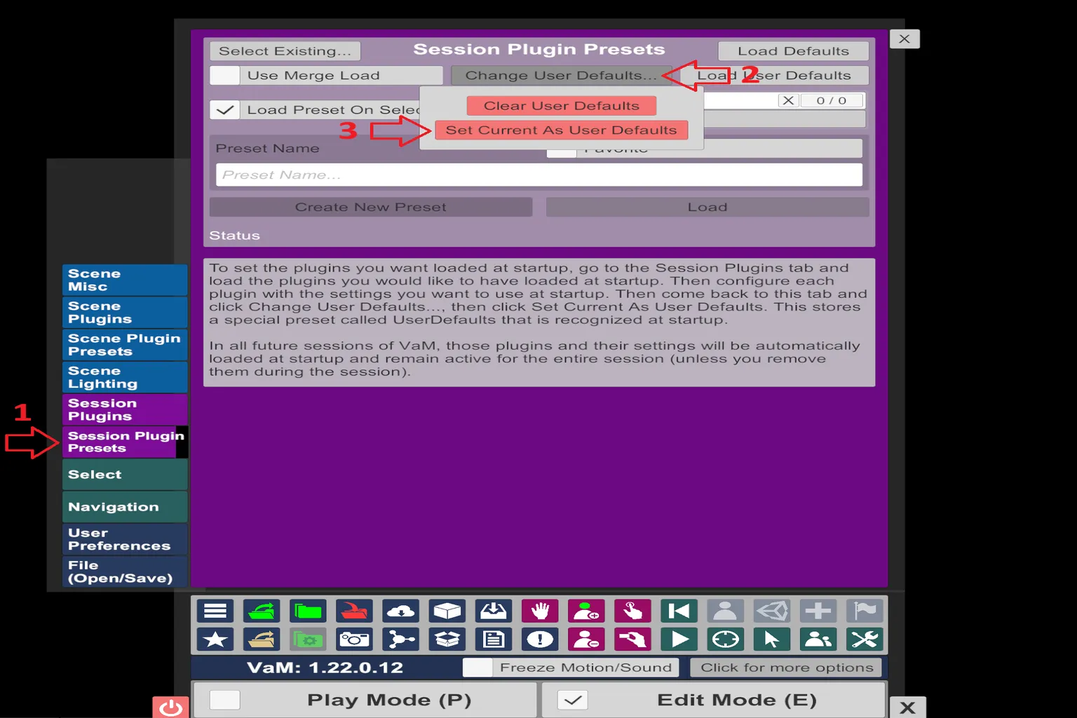 Écran Session Plugin Presets de VaM montrant comment définir le plugin comme réglage utilisateur par défaut.