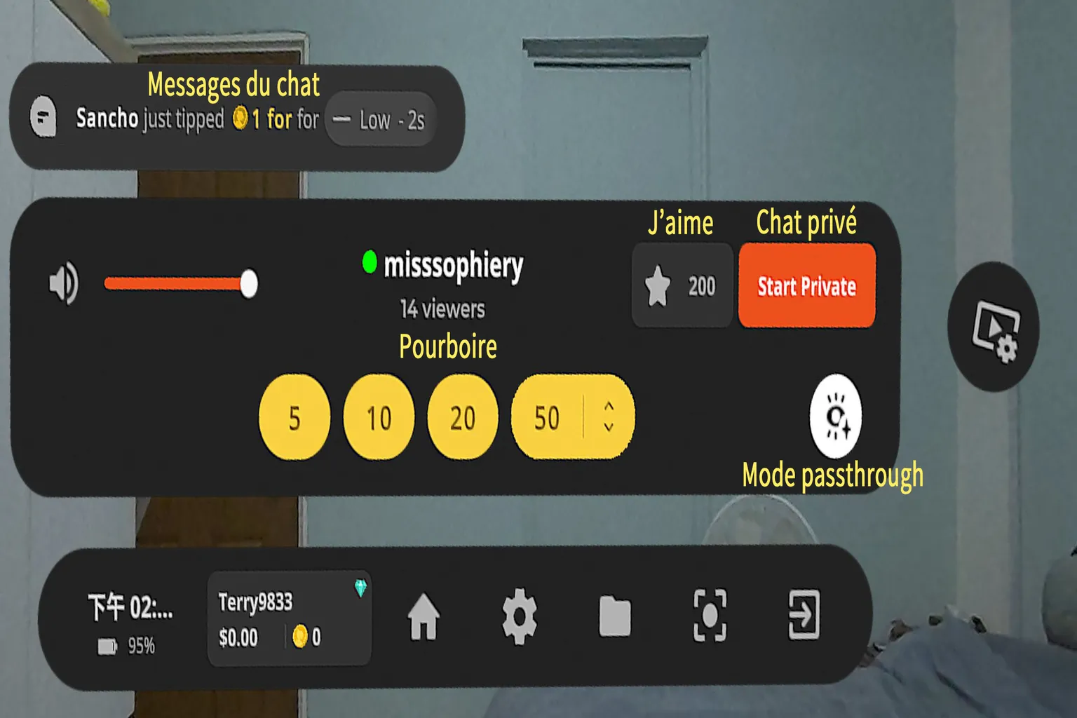 Interface VR Cam Girls de SLR avec chat, pourboire, j’aime et mode passthrough