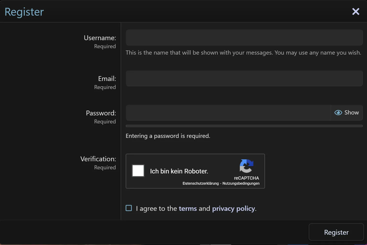 Formulaire d’inscription VaM Hub avec nom d’utilisateur, e-mail et mot de passe