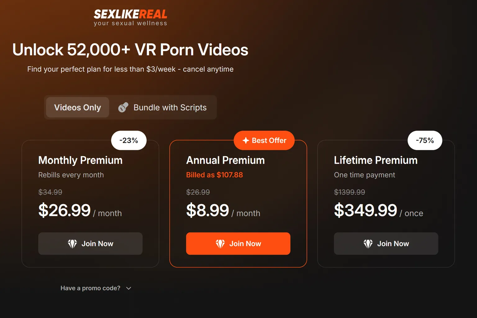 Page des offres SexLikeReal avec abonnements Premium vidéos uniquement