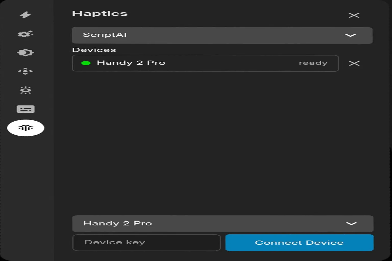 Paramètres Haptics de DeoVR avec Handy 2 Pro connecté et indiqué comme prêt.