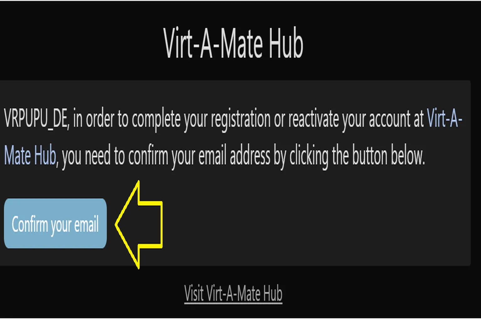 E-mail de confirmation VaM Hub avec bouton Confirm your email