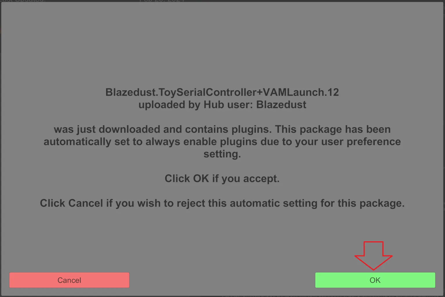 Message de confirmation VaM demandant d’activer automatiquement les plugins après le téléchargement.