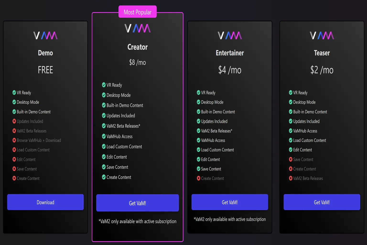 Page des formules VaM Hub avec abonnements Demo, Creator, Entertainer et Teaser