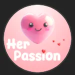 HerPassionVR のロゴ。 ピンクのハートと文字を組み合わせたデザインで、女性向けバーチャル作品ブランドを象徴するアイコンだよ。