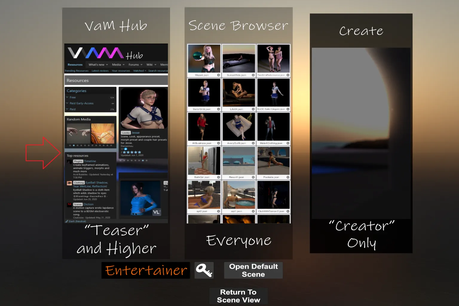 VaMのメイン画面。VAM Hub、Scene Browser、Createが表示されていて、VAM Hubに入る位置が分かるようになってる