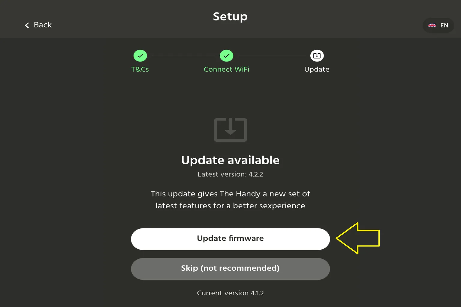 The Handy 2 ProがWi-Fiに接続され、ピンク色のランプが点灯している状態。