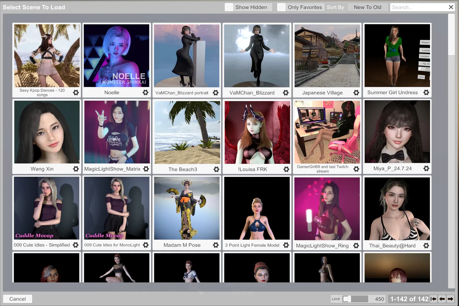 メイン画面から「All Scenes Browser」を開くと、ローカルにインストール済みのシーンモジュールを素早くプレビューして選択できる。