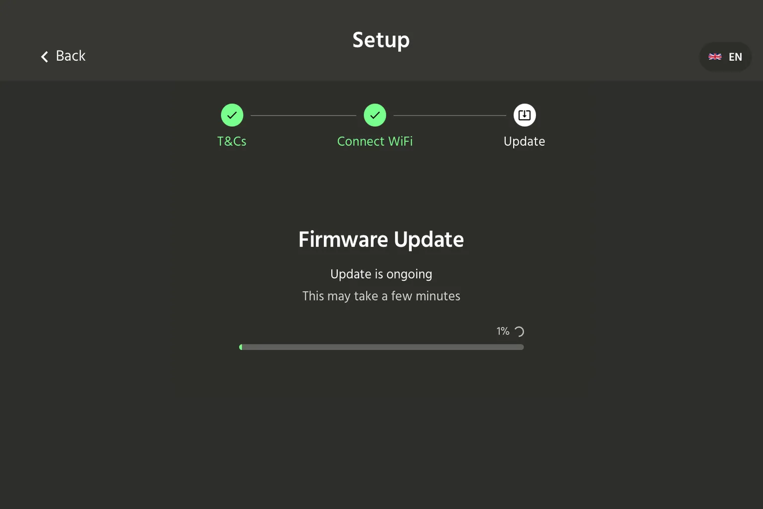 HandyOnboardingアプリでThe Handy 2 Proのファームウェア更新が進行している画面。