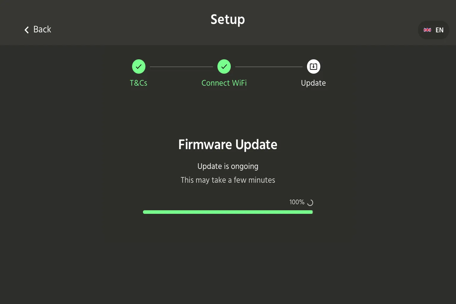 HandyOnboardingアプリでファームウェア更新が100%まで進んだ画面。