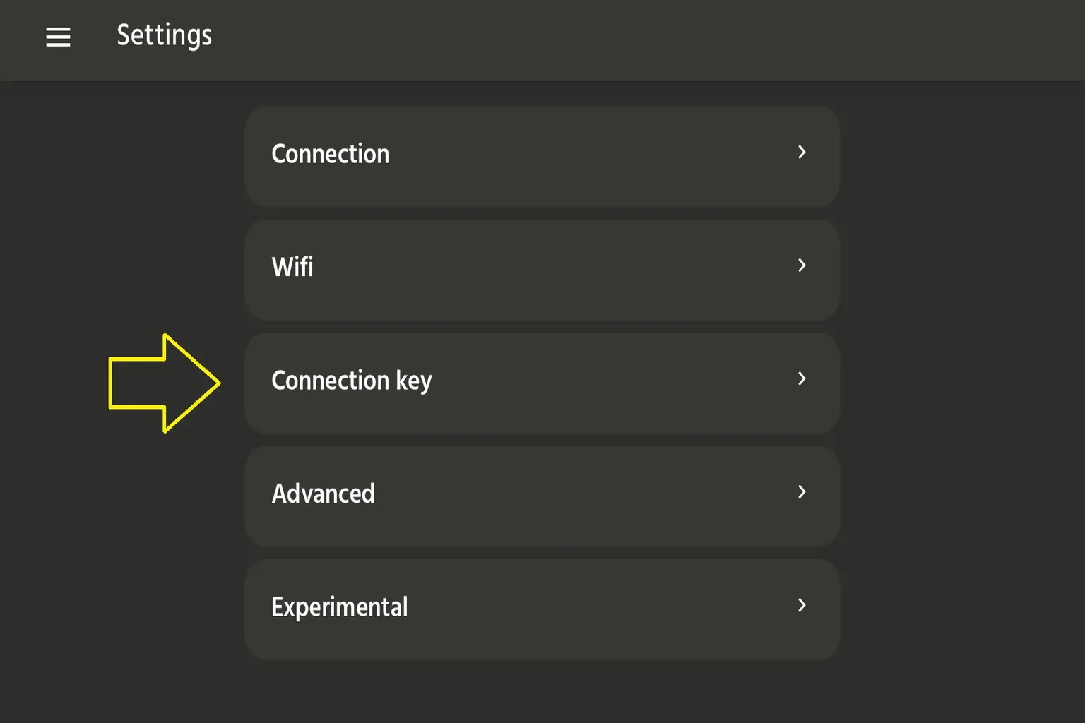 HandyOnboardingアプリのSettings画面で、Connection keyを選択する画面。