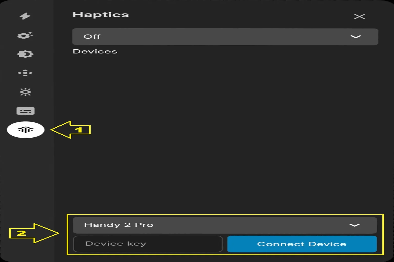 DeoVRのHaptics設定画面で、Handy 2 Proを選び、Device keyを入力して接続する画面。