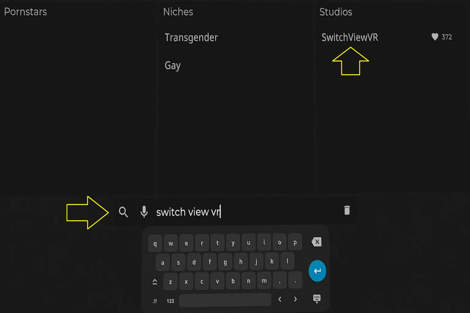 SLR の文字検索デモ。 片商名「Switchview VR」を入力して、キーボードと検索ボタンが表示されている画面。