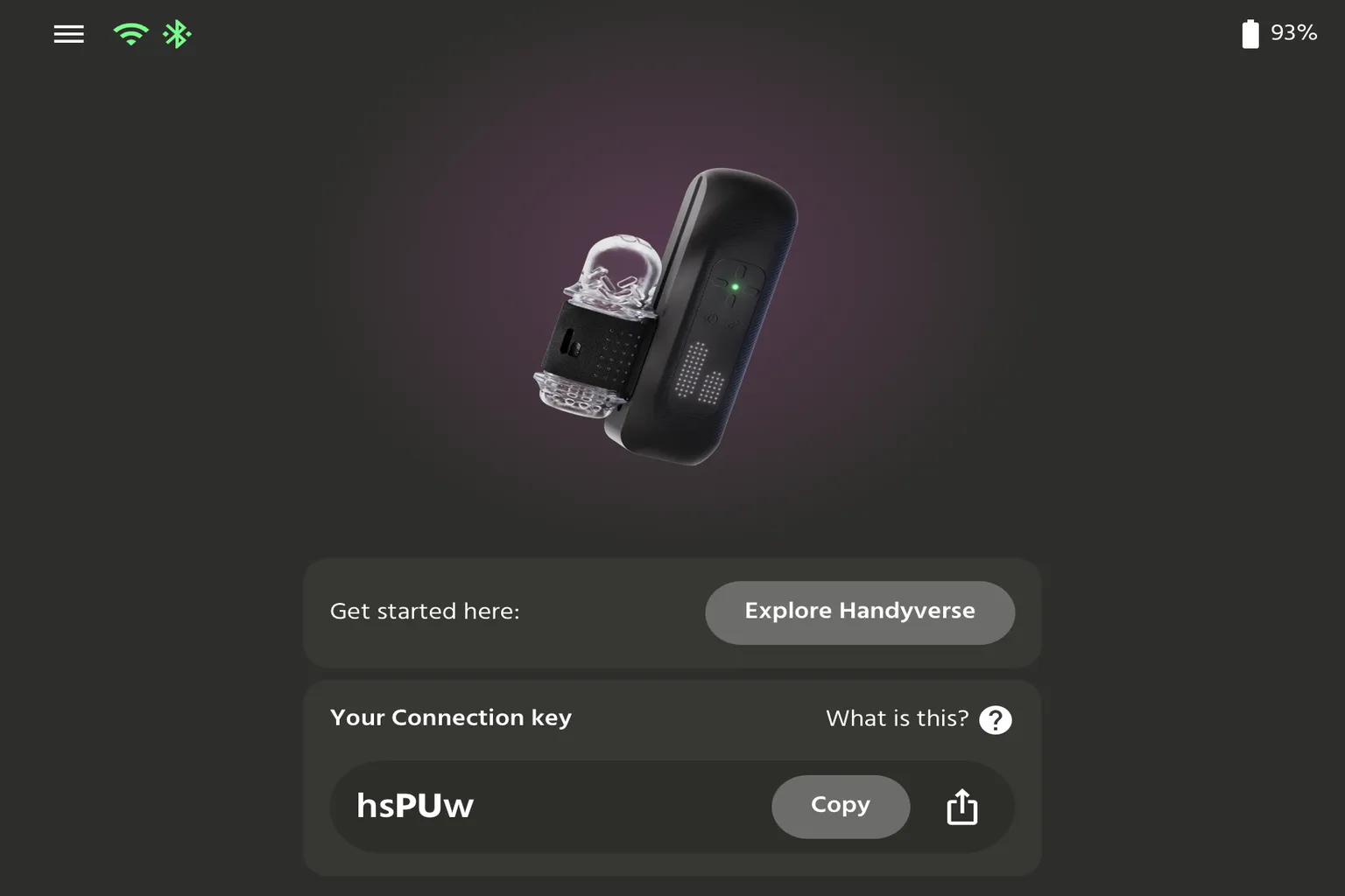 HandyOnboardingアプリのホーム画面で、更新後のConnection Keyが表示されている画面。