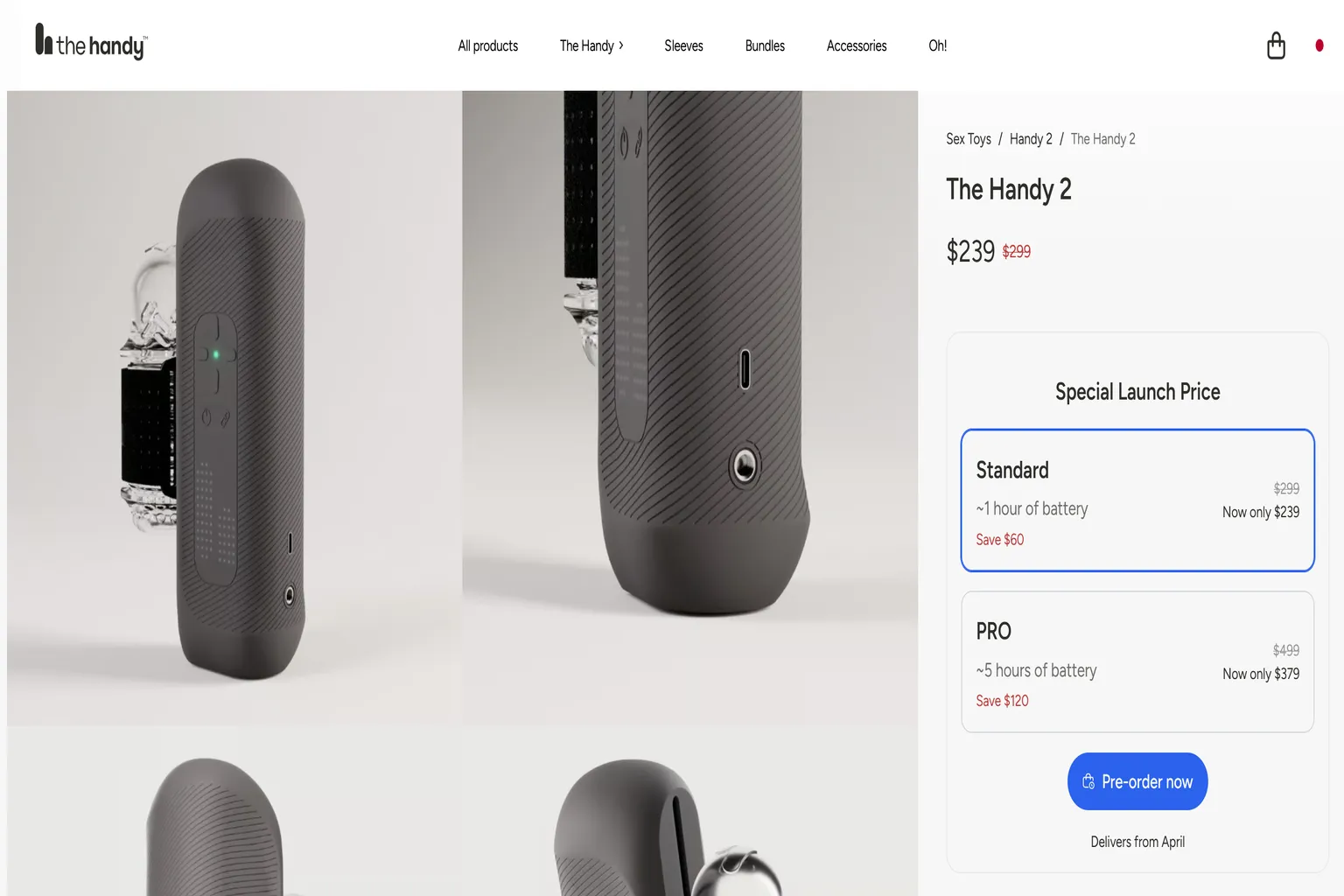 The Handy 2の商品ページで、Standard版とPro版の価格と予約情報が表示されている