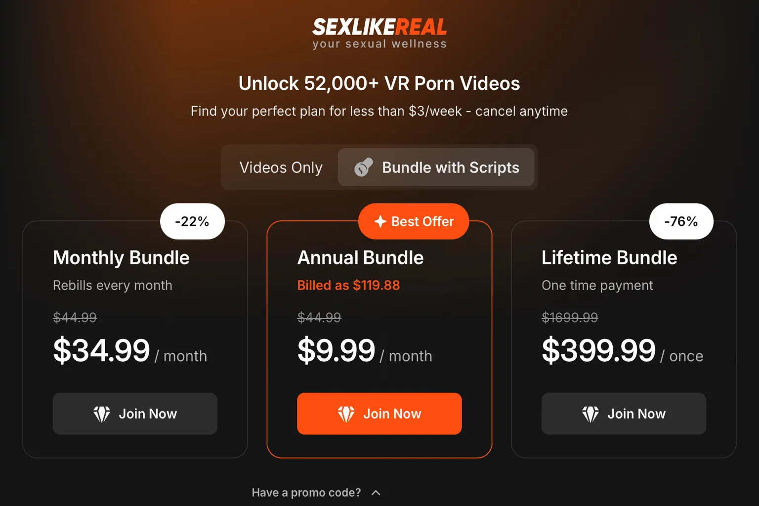 SexLikeReal の Scripts Bundle に割引コードを適用した後の価格画面。 更新後の月額・年額・終身の料金が分かりやすく表示され、年額プランがオレンジ枠で最もお得な選択として示されている。