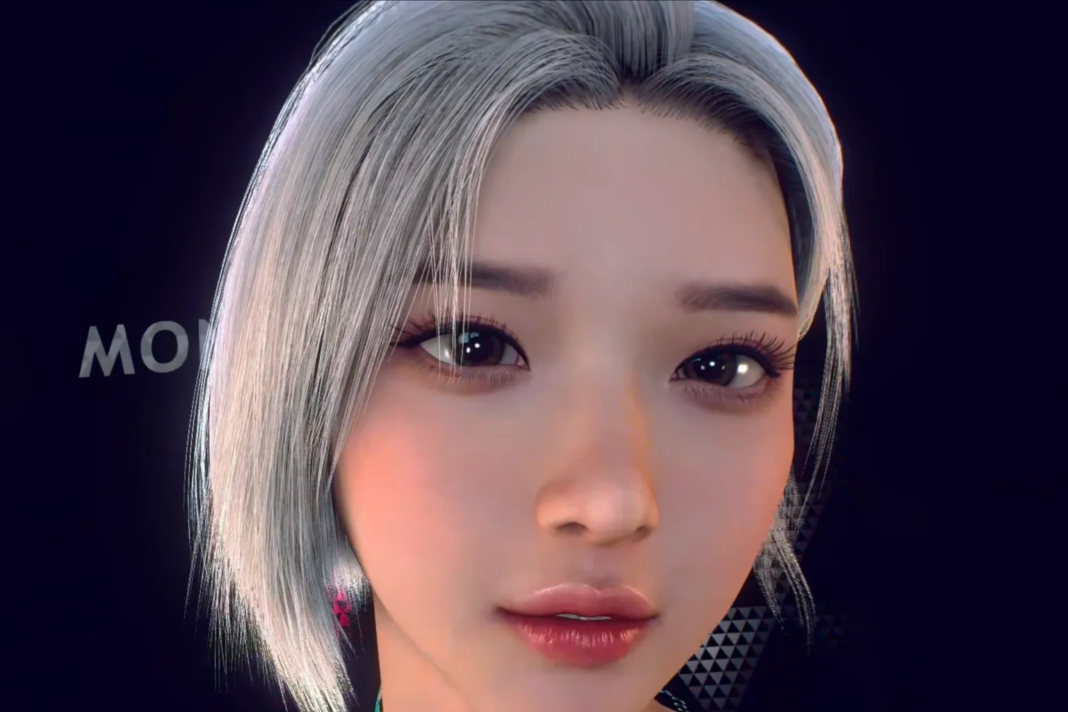 韓国風キャラクターの頭部と視線のクローズアップで、顔の細部が高度にリアルに表現され、髪の毛や眼差しの奥行き感が際立っている。