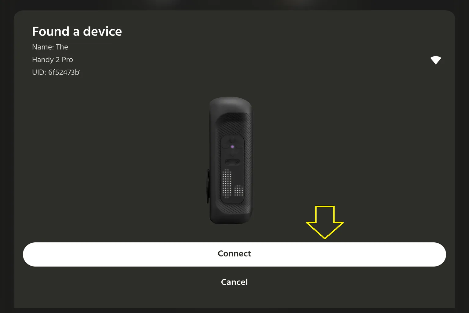 HandyOnboardingアプリでThe Handy 2 Proが検出され、Connectボタンで接続する画面。