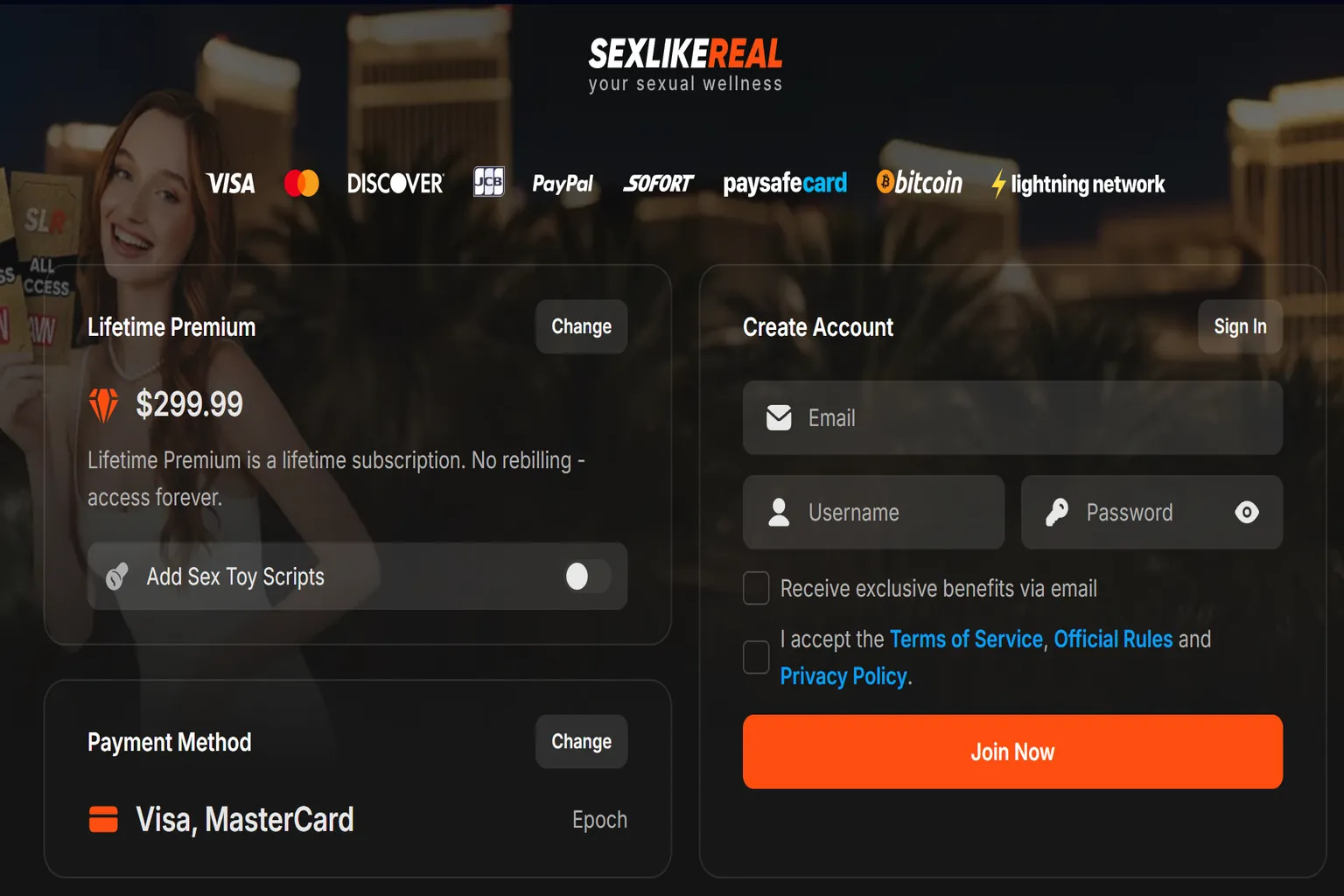 SLRの登録と支払い画面で、クレジットカードまたは仮想通貨での支払いが選択でき、Lifetime Bundleの価格は299.99ドル。