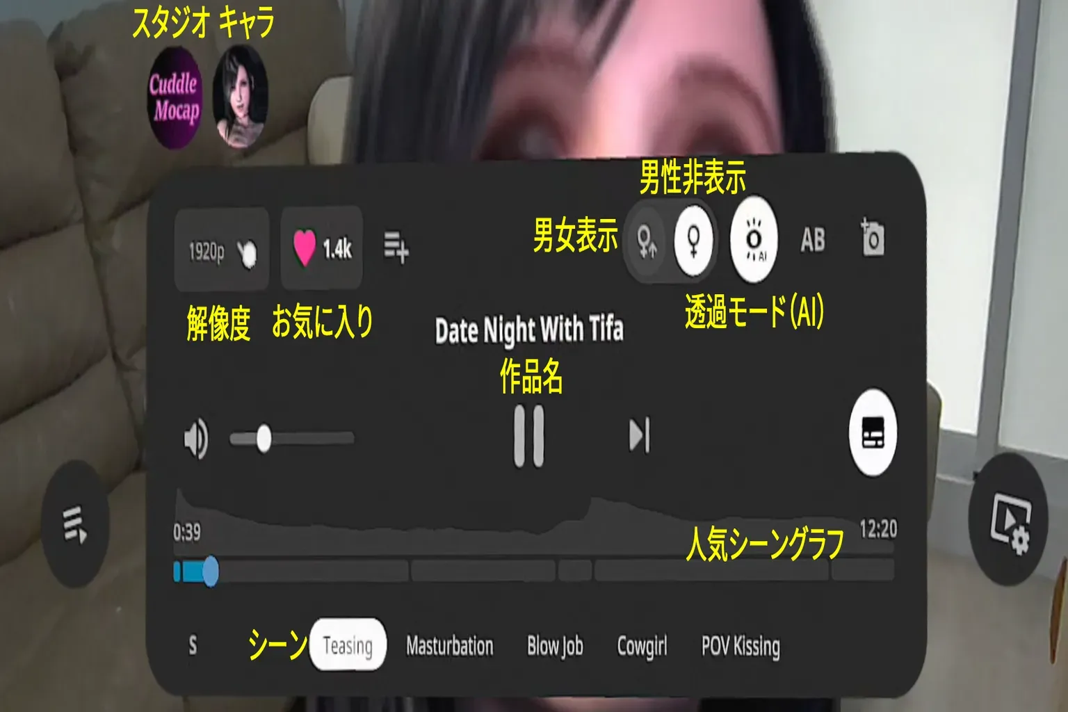 SLR の動画コントロールパネル説明。 解像度、シーン切替、フェイバリット、男女の表示切替、透過モードなど、各ボタンの位置が分かる画面。