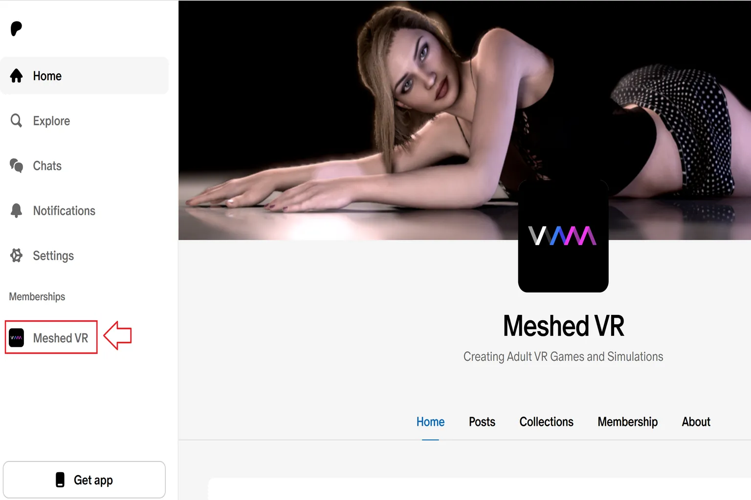 On the Meshed VR Patreon homepage, a cover image shows an adult female character lying down, with the tagline “Creating Adult VR Games and Simulations,” and the left navigation column displays the Patreon feature menu.