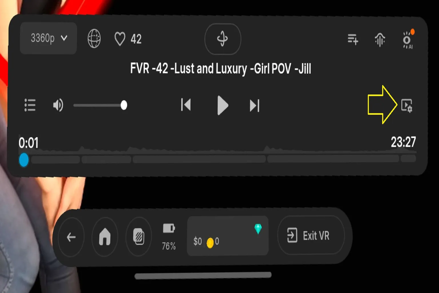DeoVR playback screen with the video settings icon highlighted, showing where to open the settings panel before configuring haptics.