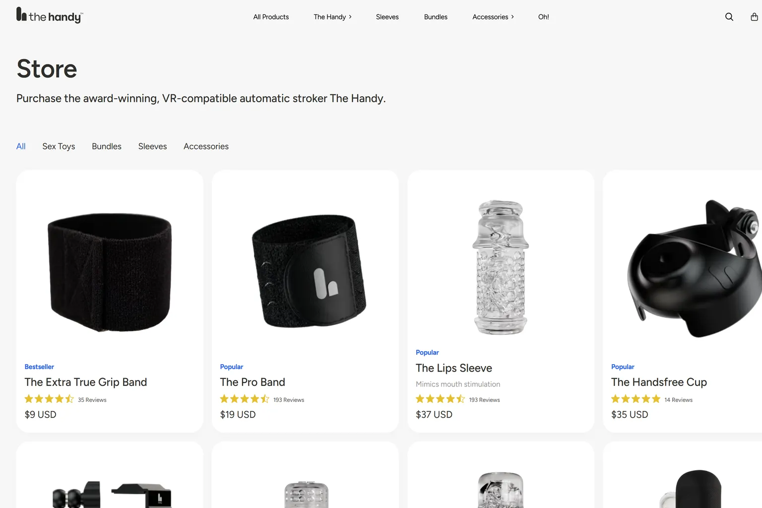 The official Handy store page showing a list of devices, sleeves, and accessories with their prices.