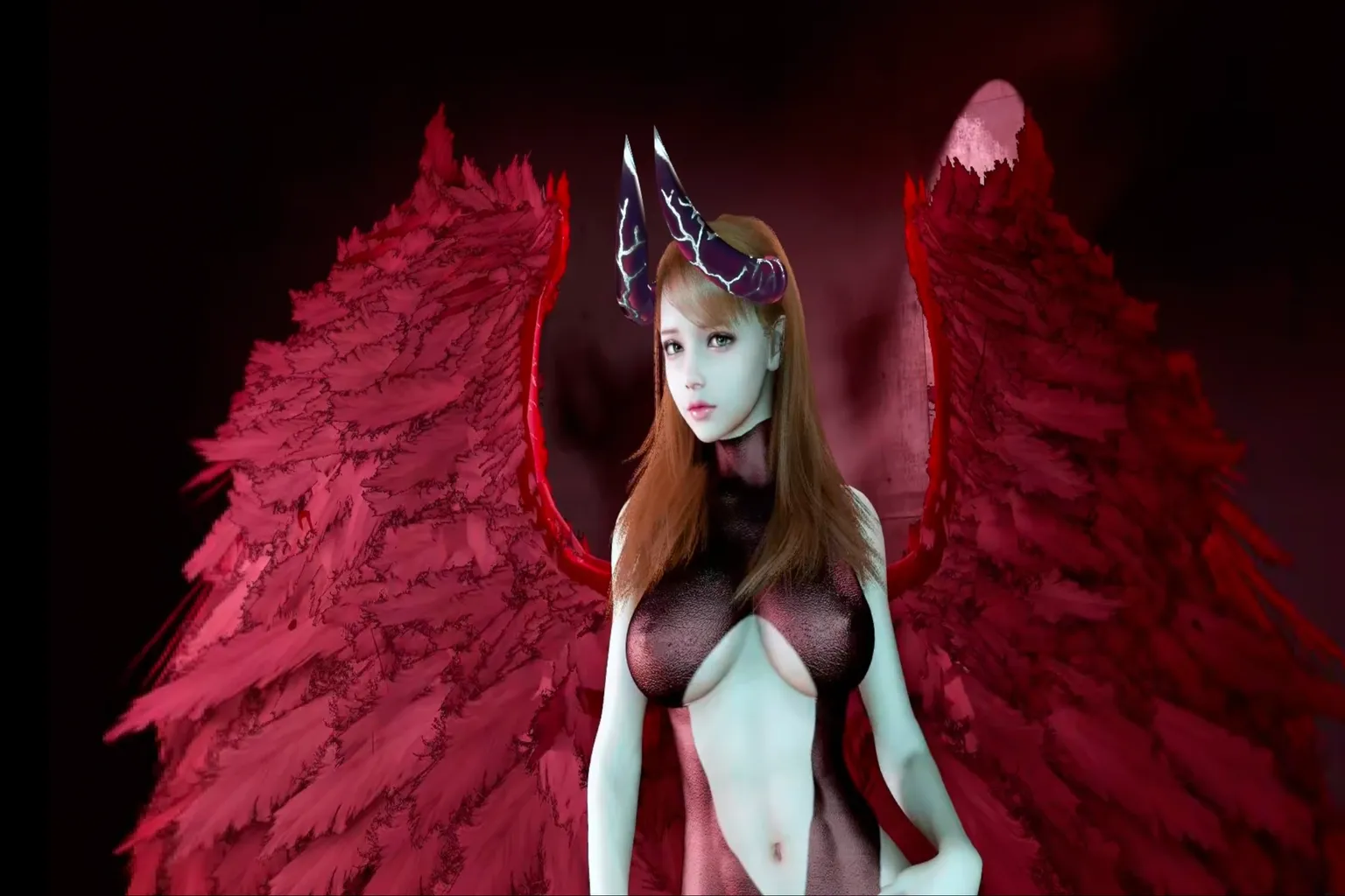 Devil-themed female character wearing a red-and-black bodysuit, standing with wings spread. Purple lightning patterns run across her twin horns, set against a dark red, hell-inspired background.