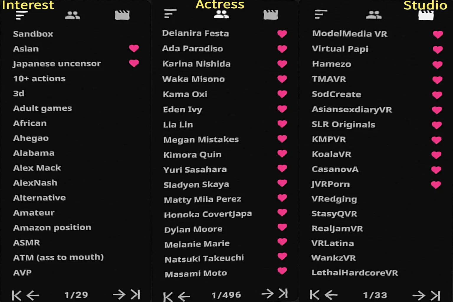 SLR site video tag classification list, including actresses, studios, and the favorites feature.
