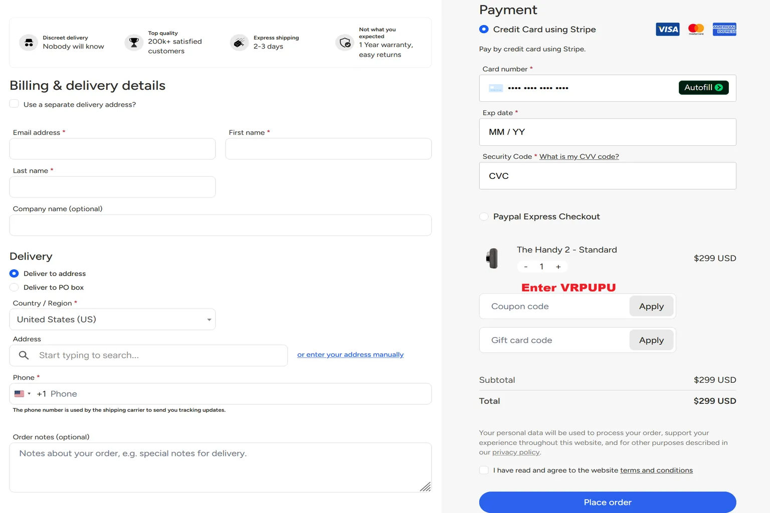 The Handy 2 checkout page showing where to enter the VRPUPU coupon code