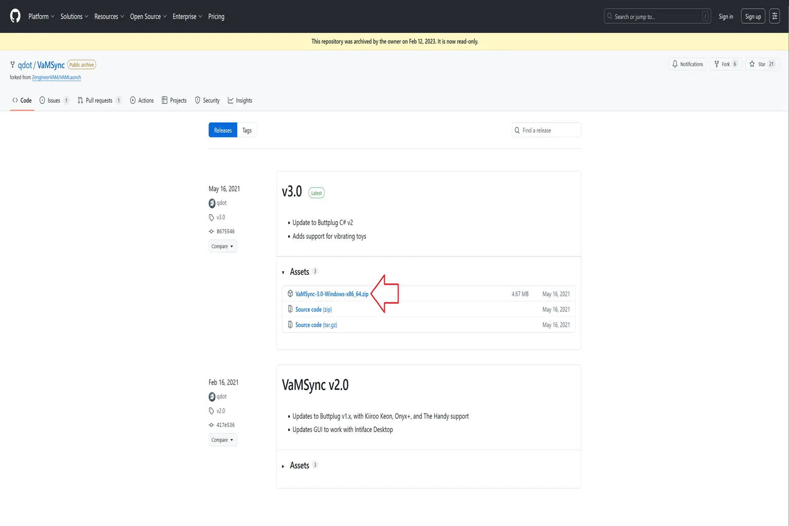 This is the GitHub release page showing the VaMSync Windows download file.