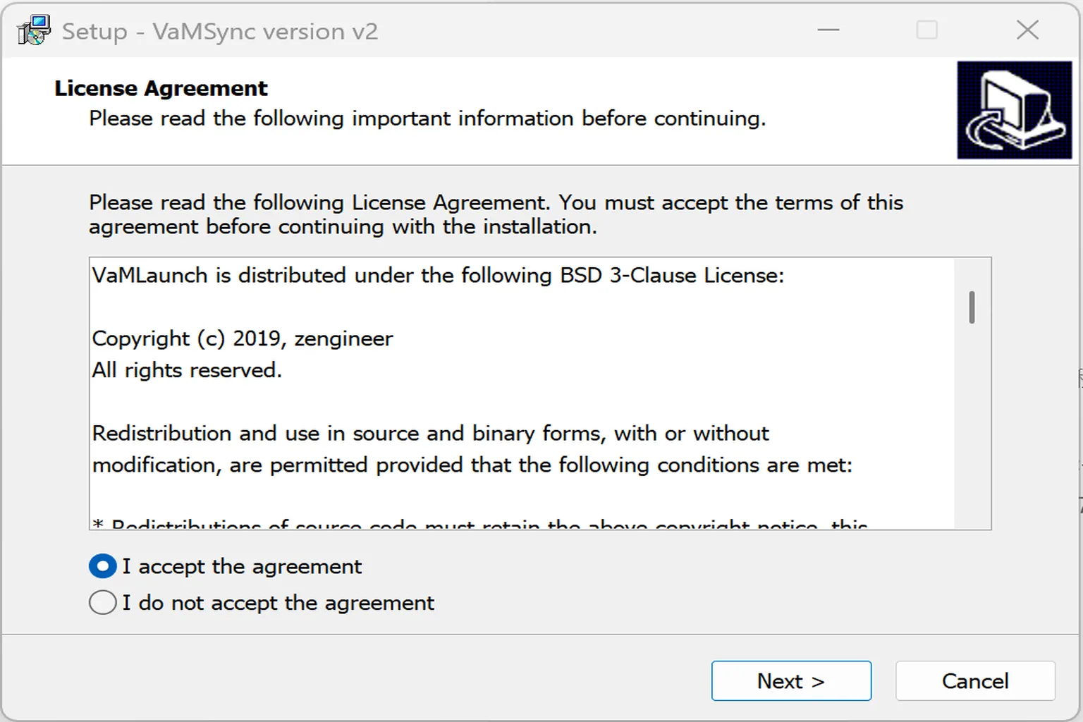 Here’s the VaMSync installer screen. Check the terms of use, then proceed with the installation.