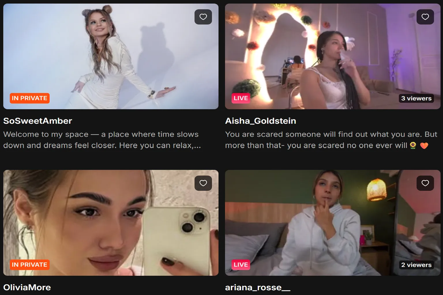 SLR VR CAM Girl live stream list and active streaming window.