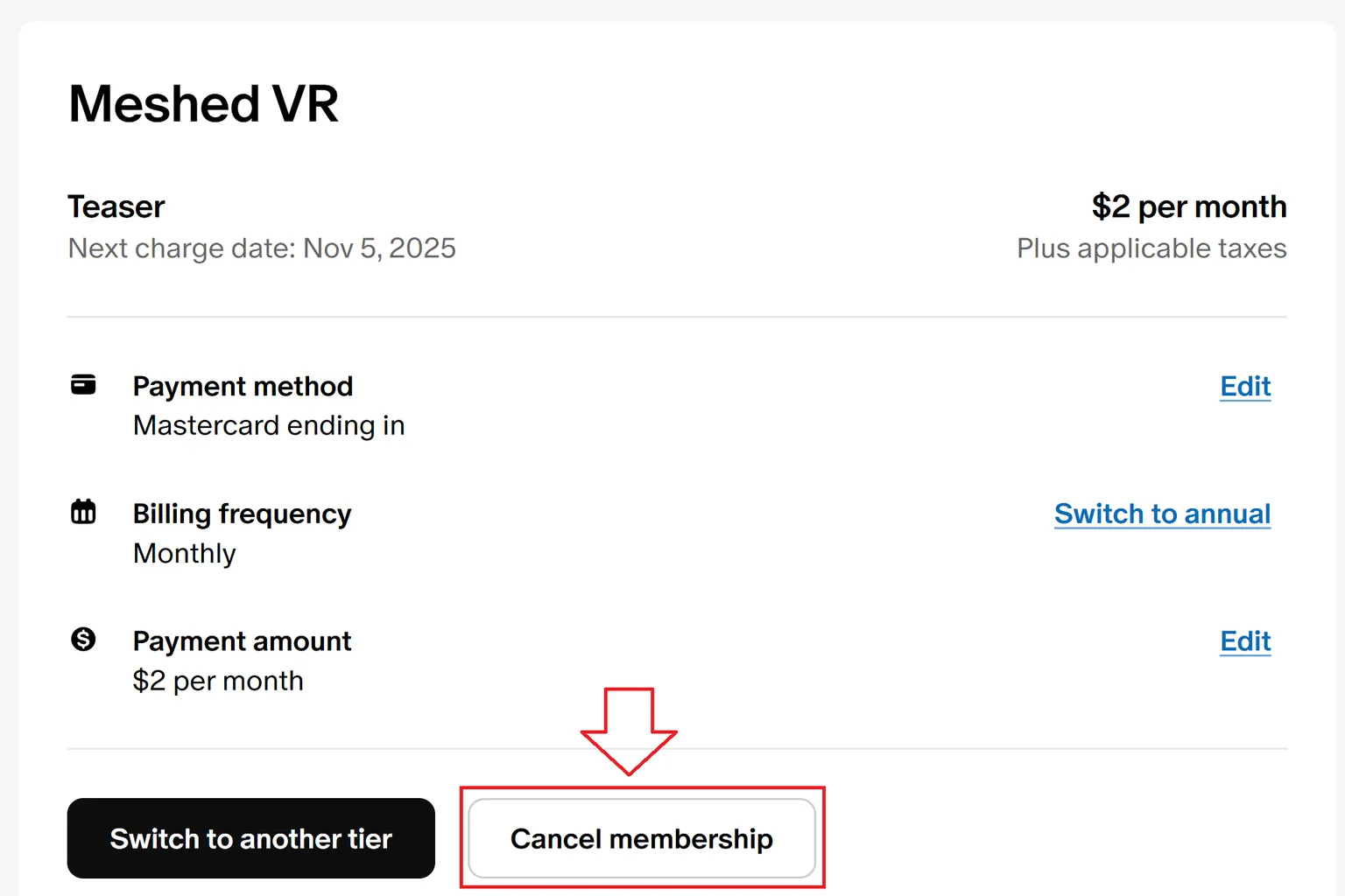Your payment method and billing information are displayed on this page. Scroll down and click Cancel membership to start the cancellation process.
