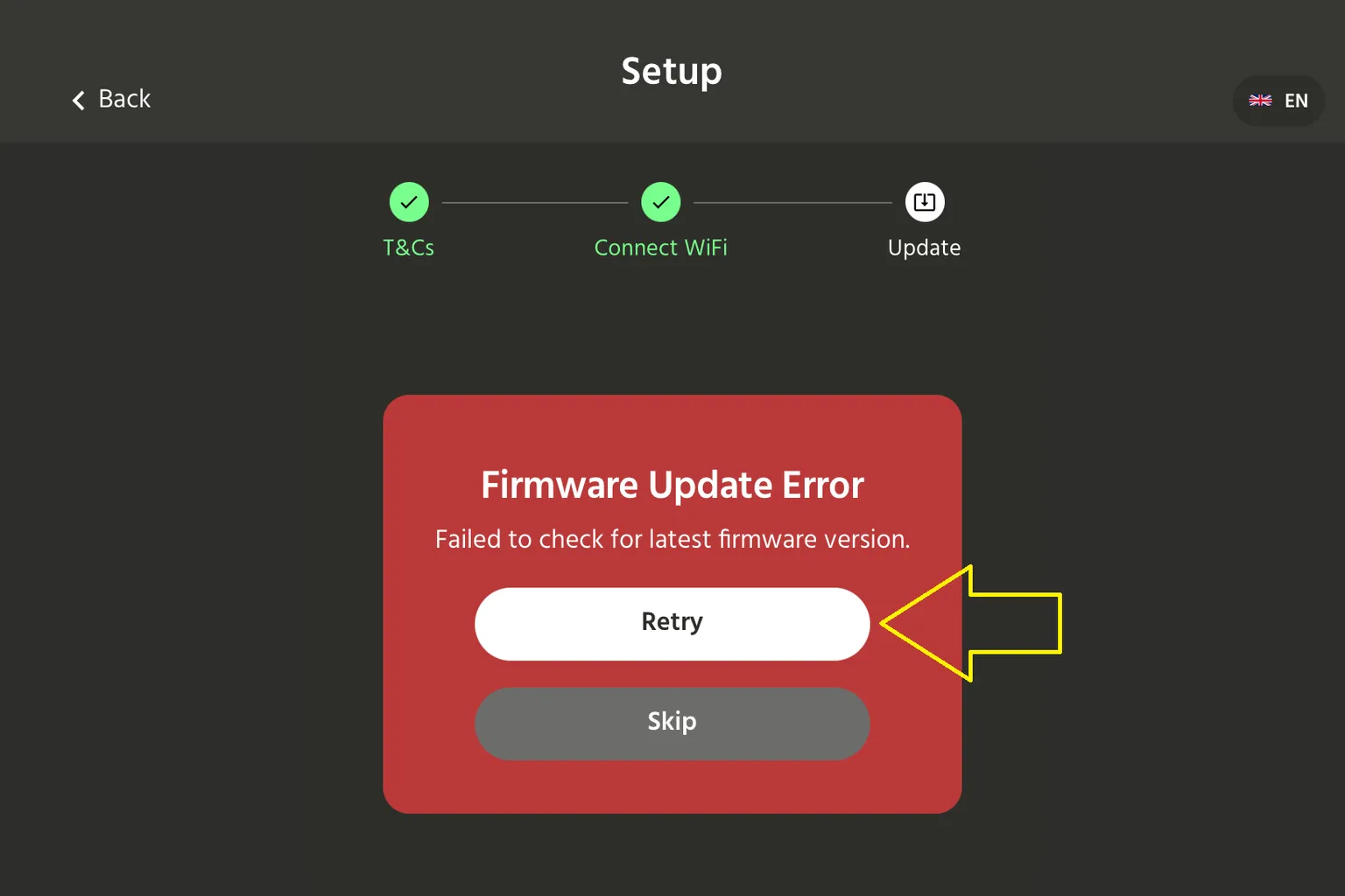HandyOnboarding setup screen showing a Firmware Update Error message, with the Retry button highlighted.
