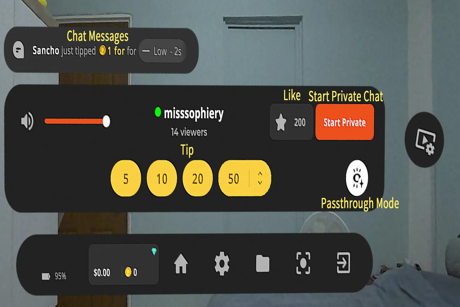 SLR live streaming room interface options, including tip amounts and send buttons.