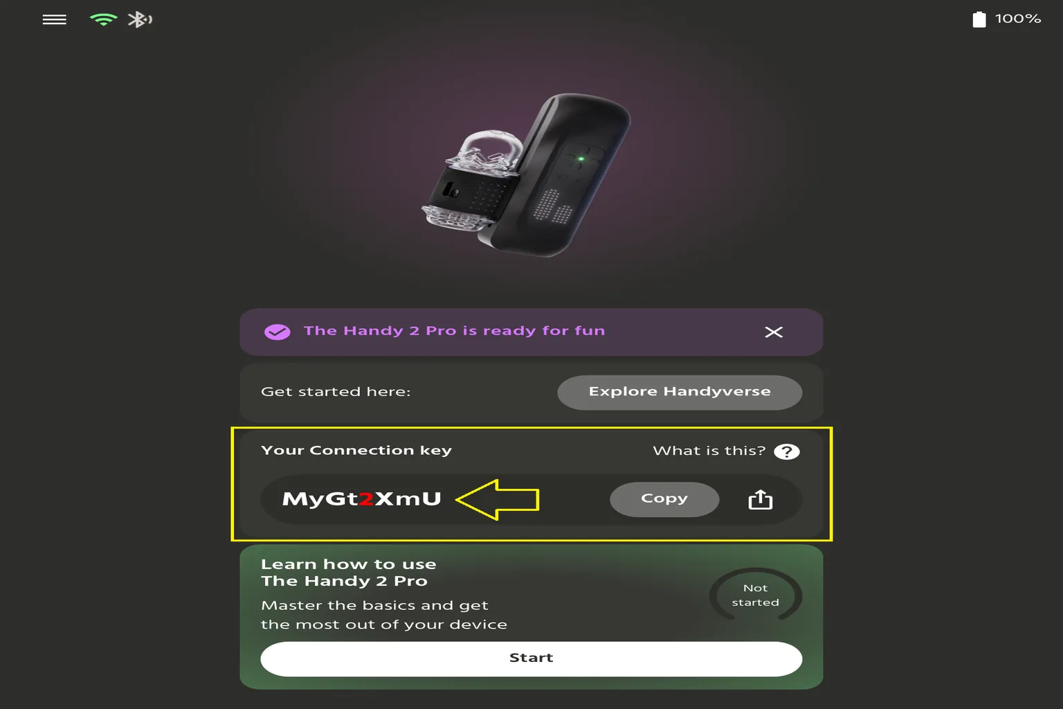 HandyOnboarding Connection Key screen showing the device connection key, copy button, key length slider, and Generate new key button.