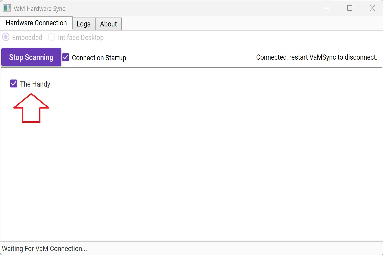 In the VaM Hardware Sync window, The Handy is checked and shown as connected.