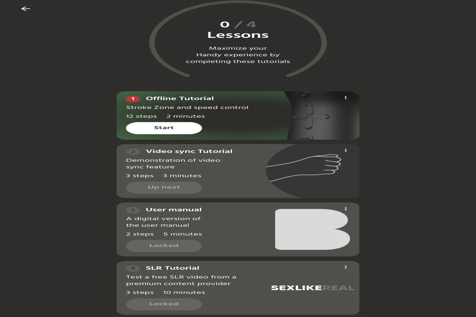 HandyOnboarding tutorial screen showing lessons for offline control, video sync, user manual, and SLR tutorial.